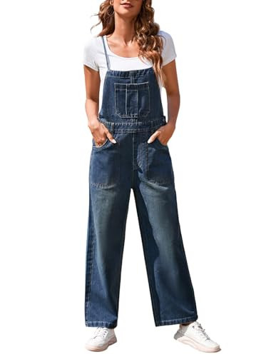 Pink Queen Denim Overall Jumpsuit for Women Vintage Empire Waist Long Jean Overall Slouchy Loose Suspender Bib Pants Outfits with Pockets Dark Blue L | Amazon (US)