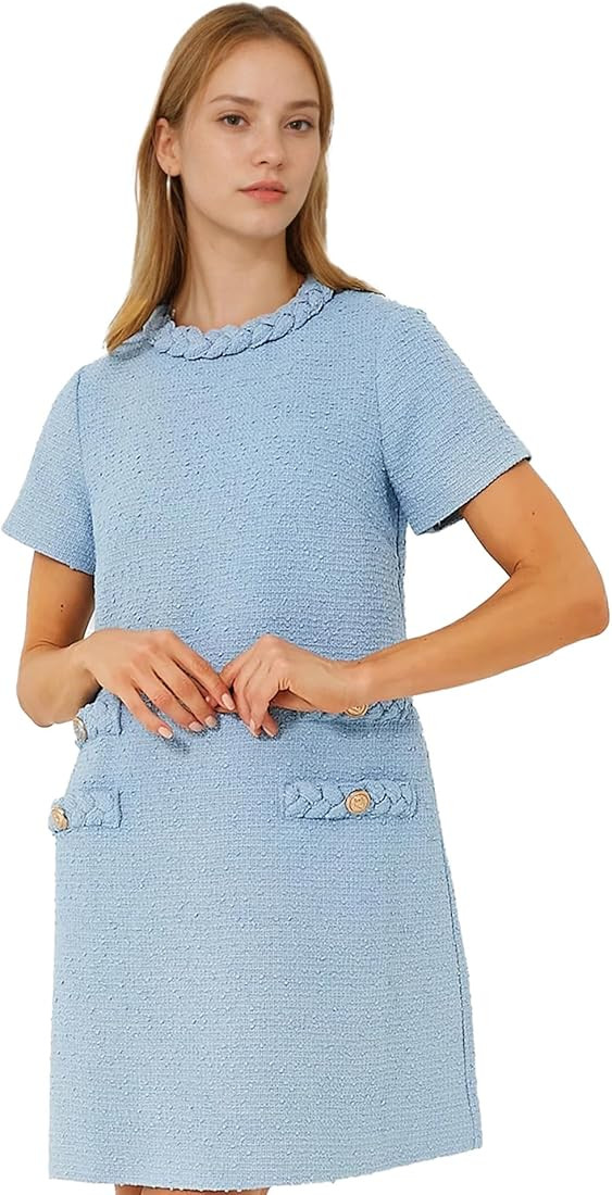 SeeLuNa Women's Tweed Dress Short Sleeve Crew Neck A-line Party Vintage Mini Skirt Causal Dresses | Amazon (US)