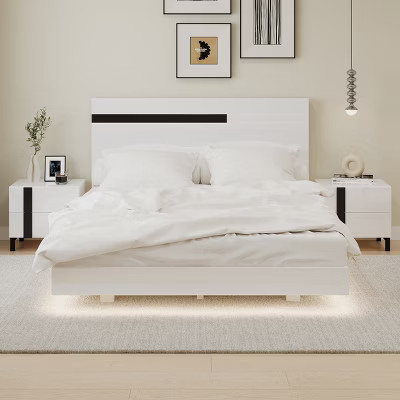 3 Pieces Bedroom Sets, Queen Size Floating Platform Bed with LED Light and High Gloss Finish,  2 Nightstands with 2 Drawers, White-ModernLuxe | Target