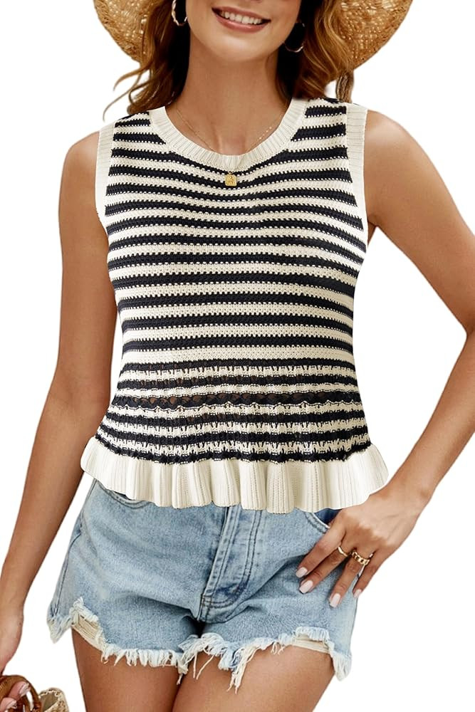 CiCiBird Women Cute Crop Sweaters Vest Knit Sleeveless Pullover Tops Crochet Ruffle Hem Tank | Amazon (US)