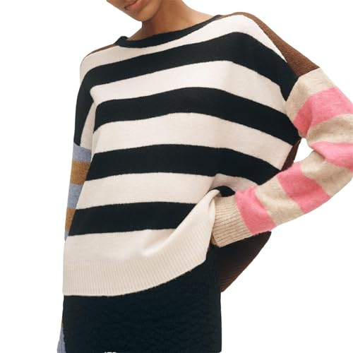 Striped Sweater Women Color Block Oversized Pullover Sweaters Fall Crewneck Batwing Sleeve Knit Tops | Amazon (US)