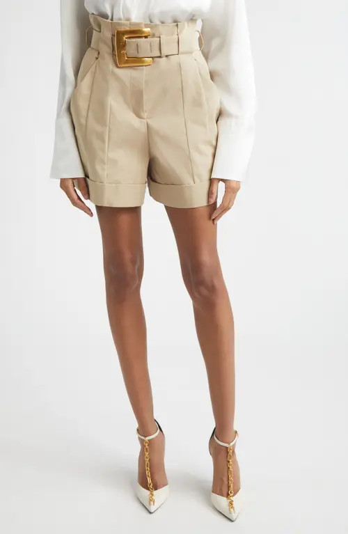 Balmain High Waist Belted Cotton Gabardine Shorts in 0An Sand at Nordstrom, Size 2 Us | Nordstrom