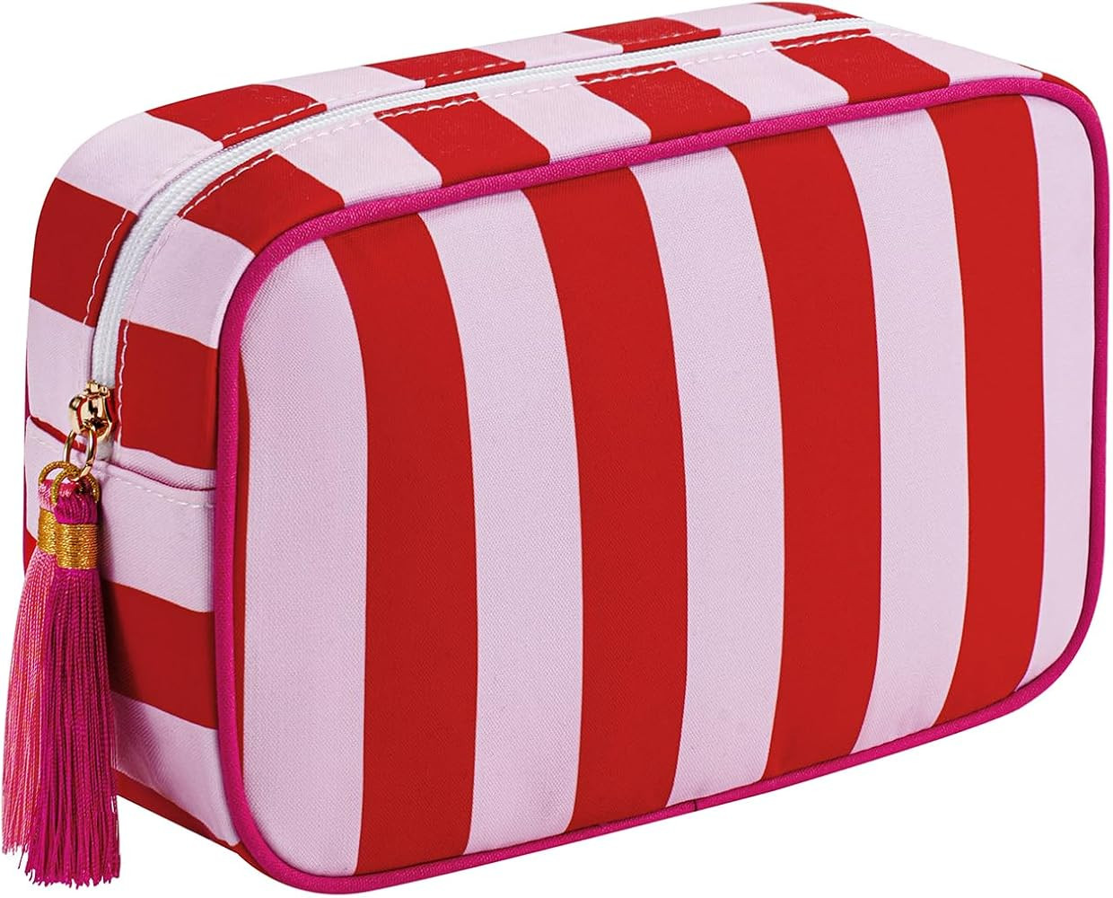 RSRSLEII Large Stripe Zipper Makeup Bag,Aesthetic Tassel Travel Cosmetic Bag,Coquette Toiletry Ba... | Amazon (US)