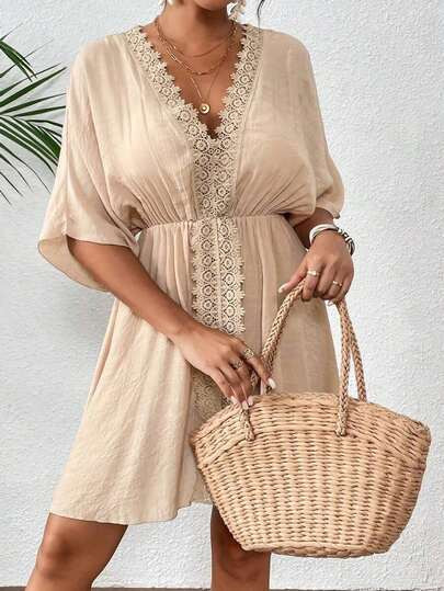 Breezaya Women's V-Neck Lace Splice Solid Color Beach Cover-Up Dress Summer | SHEIN