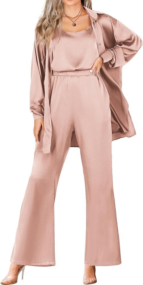 Ekouaer Womens Silk 3 Piece Pajamas Satin Camisole Loungewear Set Button-Down Cardigan with Loose... | Amazon (US)