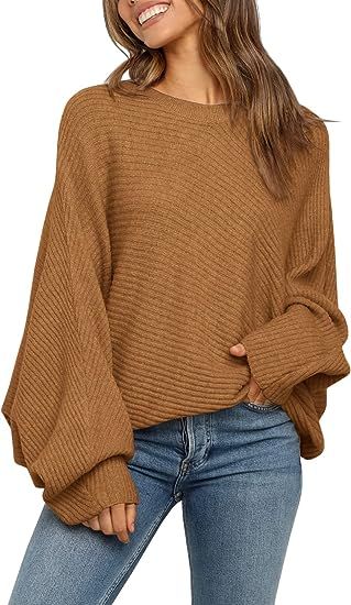 Mafulus Women's Oversized Crewneck Sweater Batwing Puff Long Sleeve Cable Slouchy Pullover Jum... | Amazon (US)