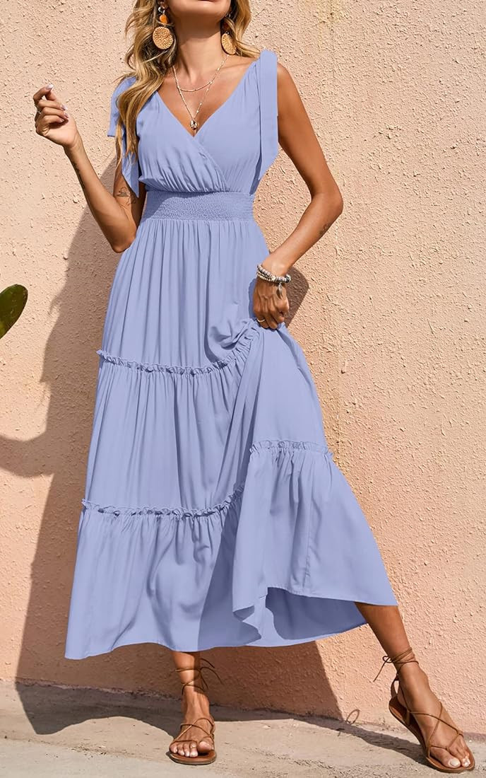 PRETTYGARDEN Women's Cross Neck Summer Sleeveless Tiered Maxi Dress Beach Tie Strap Smocked Long ... | Amazon (US)