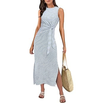 ANRABESS Womens Summer Casual Sleeveless T Shirt Midi Dress Slim Fit Tie Waist Split Tank Long Dr... | Amazon (US)