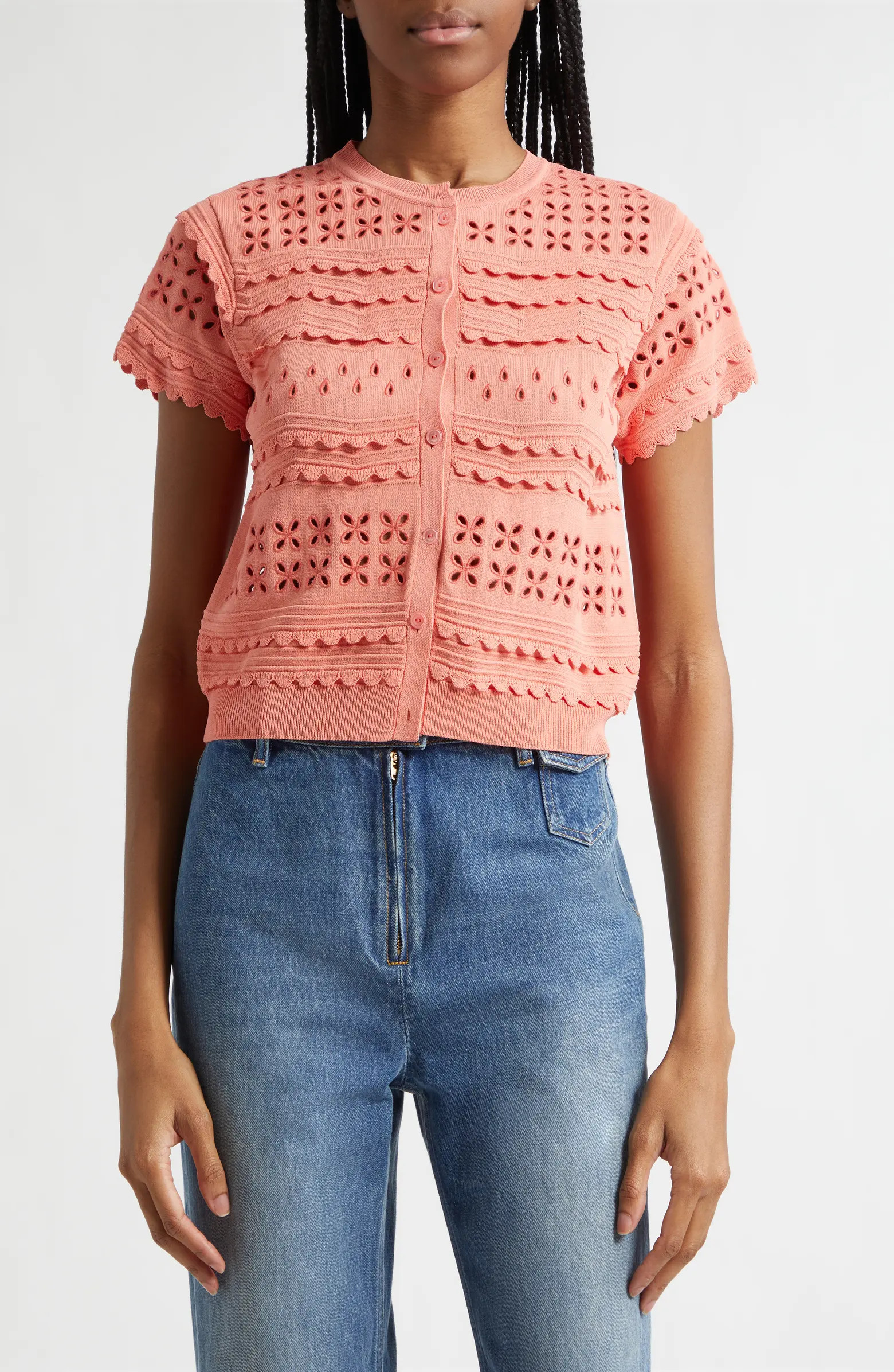 Abriana Eyelet Scallop Trim Cardigan | Nordstrom