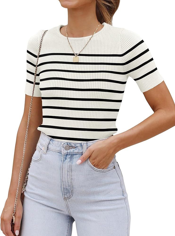 ZESICA Women's Short Sleeve Crewneck Striped T Shirt 2024 Summer Ribbed Knit Slim Fit Casual Basi... | Amazon (US)
