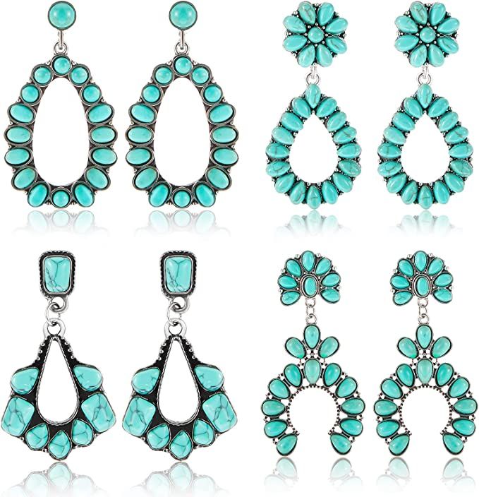 Turquoise Oval Earring 4 Pairs Turquoise Bohemian Dangle Metal Earrings Western Earrings for Wome... | Amazon (US)