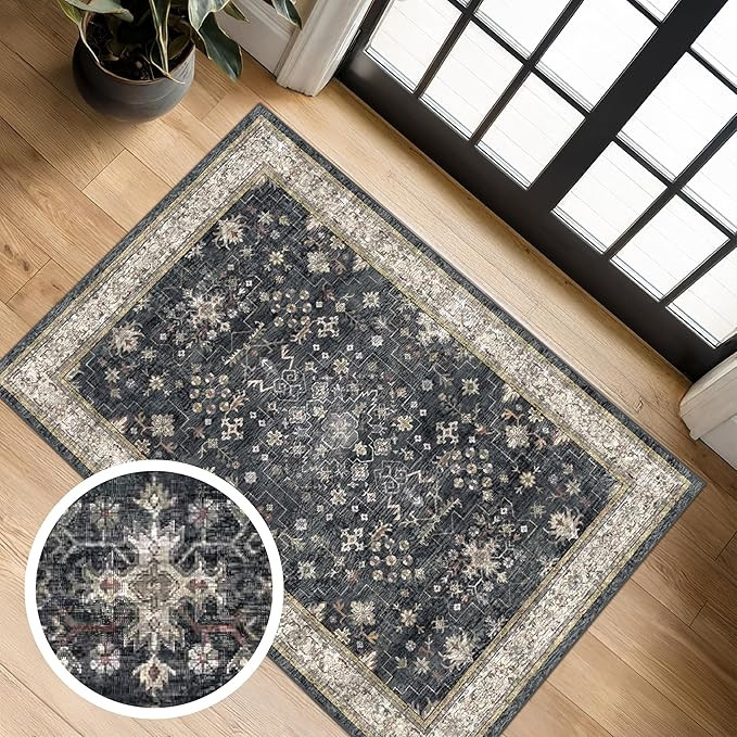 Black Boho Washable Entry Rug, 2x3 Small Rugs for Entryway Kitchen Bathroom Door Mat Indoor Entra... | Amazon (US)