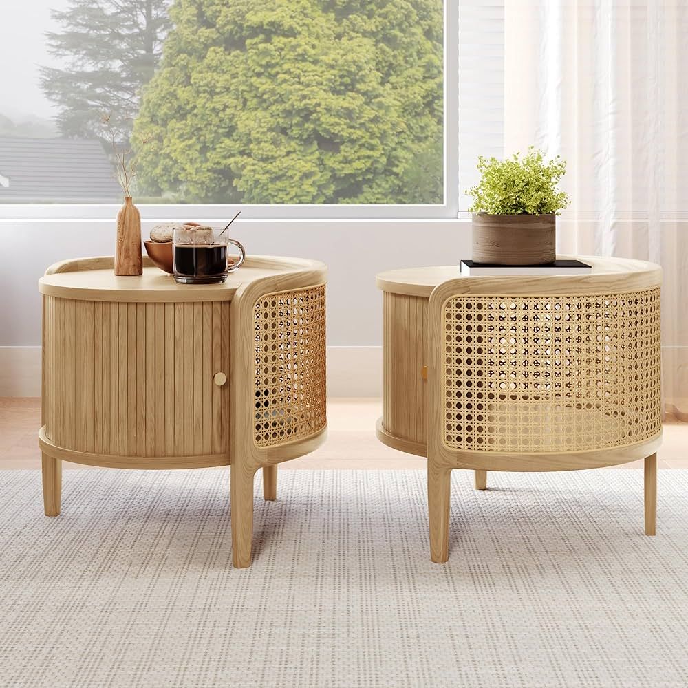 POVISON Solid Wood Side Table Set of 2 - with Roller Door & Woven Rattan, 19.69" Round Coffee Tab... | Amazon (US)