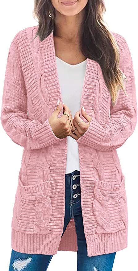 MEROKEETY Women's Long Sleeve Cable Knit Cardigan Sweaters Open Front Fall Outwear with Pockets | Amazon (US)