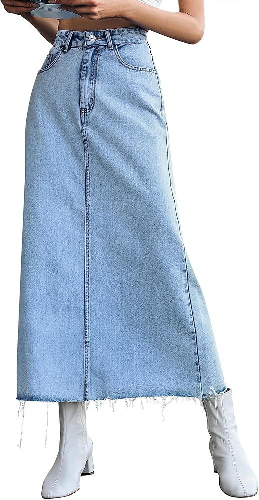 MISS MOLY Women's Maxi Long Denim Skirts High Waist Frayed Raw Hem Split A line Flare Jean Skirt ... | Amazon (US)