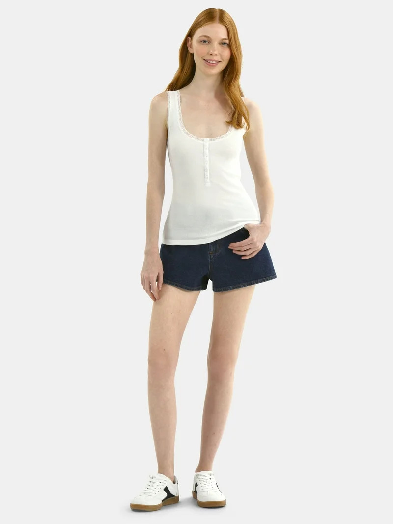 No Boundaries Lace Cotton Henley Tank, Women's | Walmart (US)