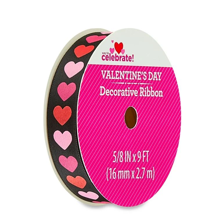 Valentine's Day Black Satin Polyester Ribbon, 5/8" x 9', by Way To Celebrate | Walmart (US)