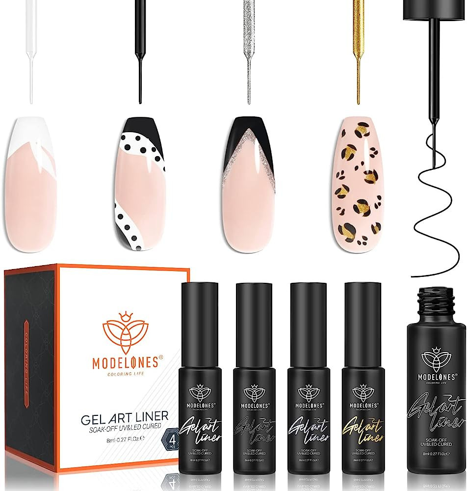 modelones Gel Polish Nail Art Gel Liner Set-4 Colors Classic White Black Silver Gold Glitter Gel ... | Amazon (US)