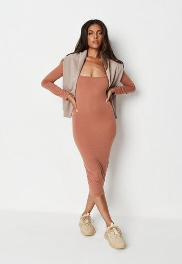 Camel Basic Long Sleeve Square Neck Midi Dress | Missguided (US & CA)