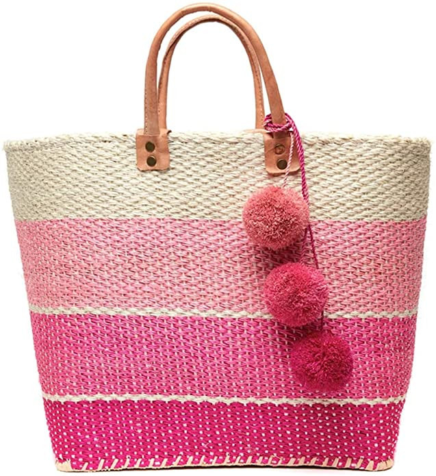 Mar Y Sol Samana Ombre Stripe Sisal Market Tote Straw XL Beach Bag w Pom Pom | Amazon (US)
