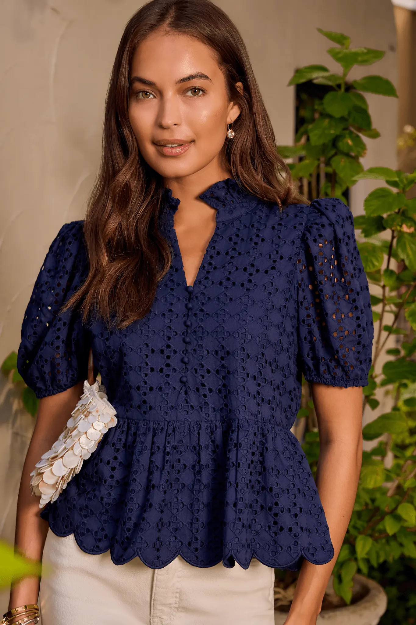 Navy Eyelet Peplum Short Sleeve Top | Avara