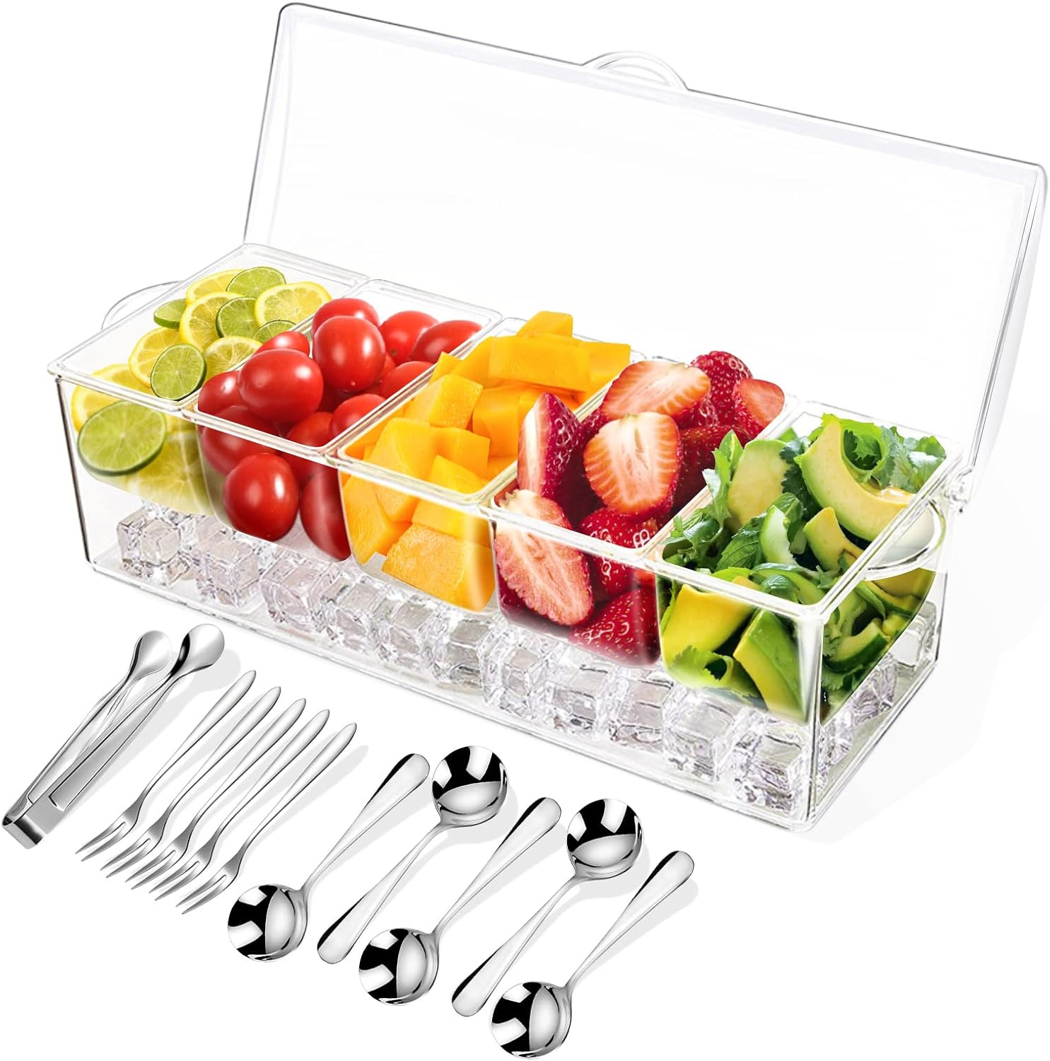 Condiment Tray with Stainless Steel 5 Spoons, 5 Forks and 1 Clip, Chilled Condiment Server, Condiment Server, Bar Garnish Holder on Ice, Bar Accessories Fruit and Salad with Removable Trays and Lid | Amazon (US)