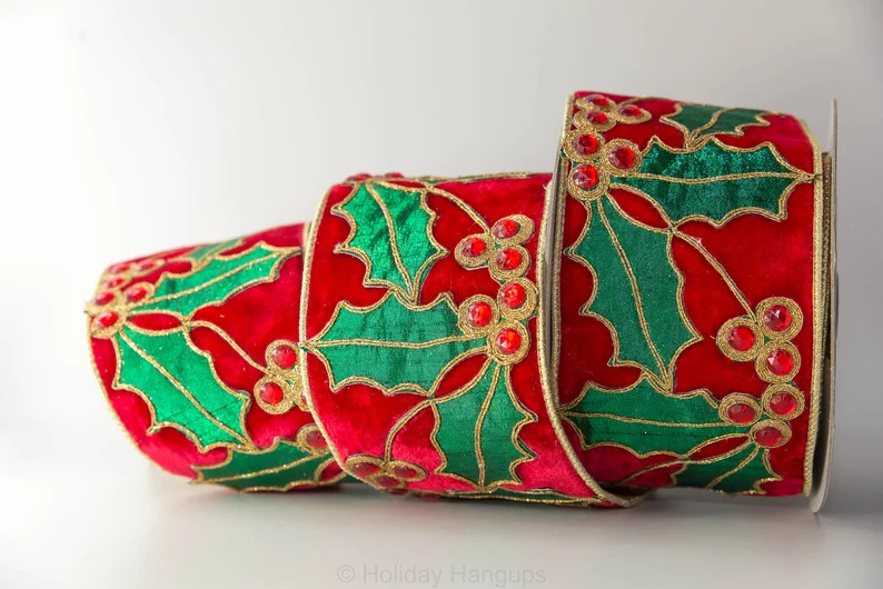 Holly on Velvet Red Emerald 4 Inch Designer Wired Ribbon by - Etsy | Etsy (US)
