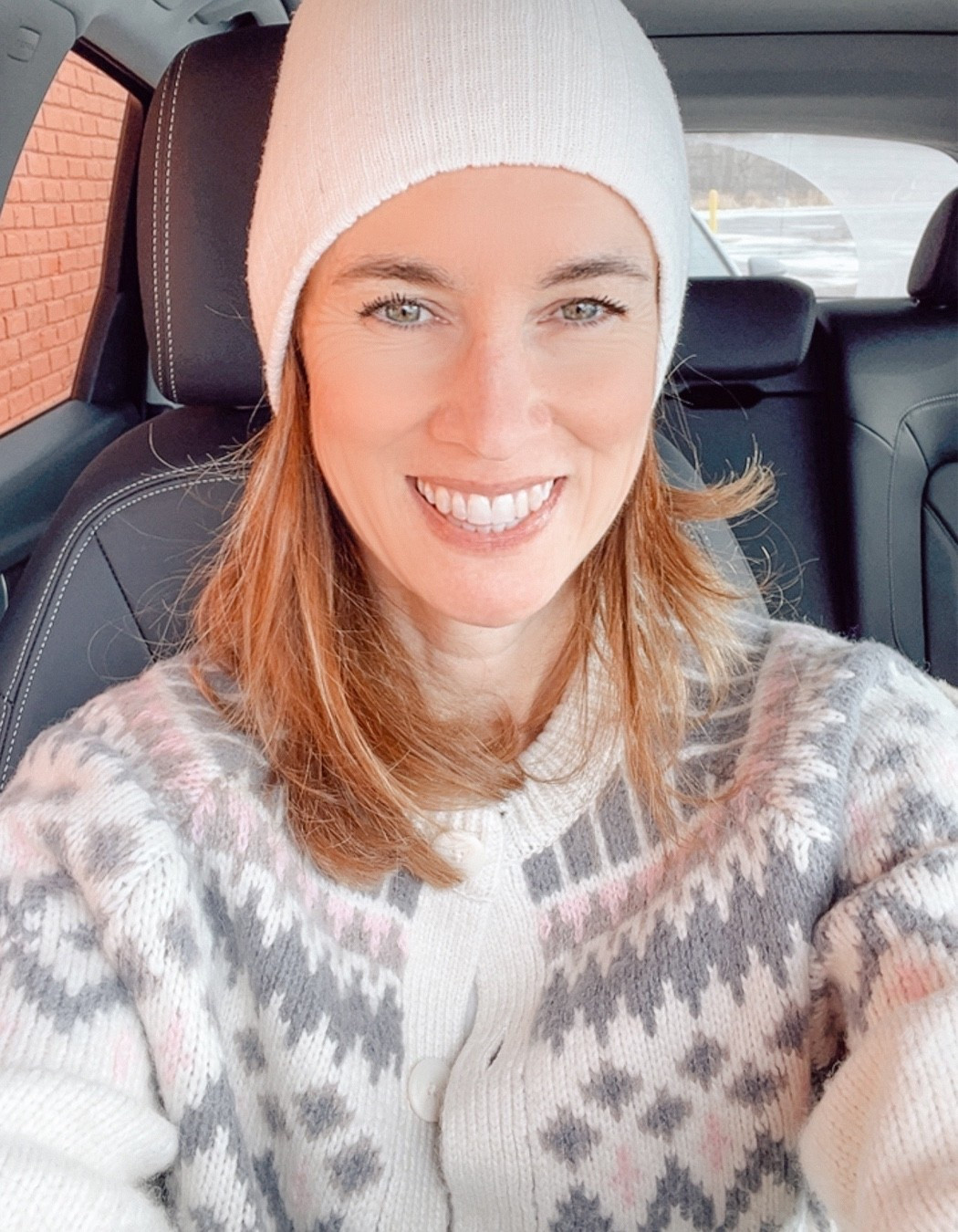 Sweater of the day: Aerie Classic Cardigan in off white, pink, and grey - fair isle print - Valentine's Day outfit idea with cozy knit beanie and LOFT long sleeve tee. The best tee - and my favorite that I wear all the time. #LOFT #aerie #AE #over40style #winteroutfit #cozycardigan #cozysweaters

#LTKootd #LTKSeasonal #LTKOver40