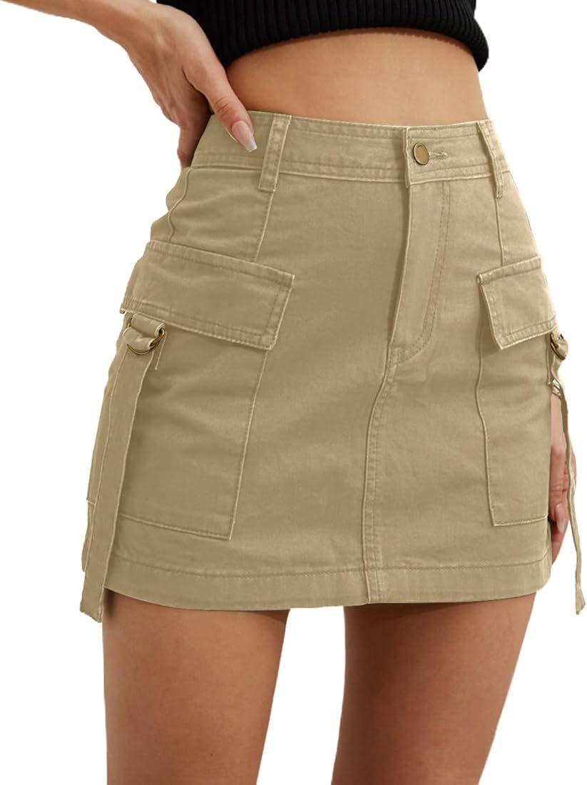 Low Waist Cargo Skirt Women Button Mini Cargo Denim Skirt with Pocket | Amazon (US)