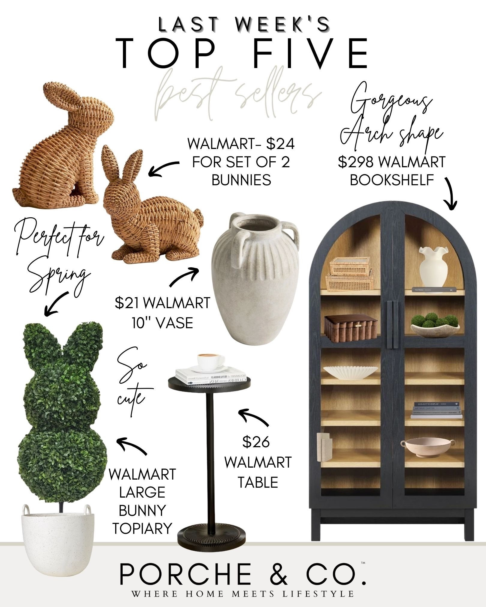 Spring is starting to sneak in… and y’all are here for it! 🌿🐰These top 5 best sellers from last week are all from Walmart and under $300 — the sweetest finds for refreshing your home as we head into a new season.

✨ Set of 2 woven bunnies – $24 and SO cute
🌿 Bunny topiary – such a fun porch accent
🏺 10” sculptural vase – perfect neutral layering
🖤 $298 arch bookshelf – a designer look for less
🖤 $26 accent table – petite but bold

I linked them all on LTK for you! Tap to shop 🤍
#porcheandco #LTKhome #WalmartHome #bunnydecor #springrefresh #homedecorfinds #modernclassicstyle

#LTKSaleAlert #LTKSeasonal #LTKHome