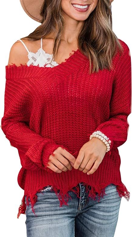 Women's Loose Knitted Sweater Long Sleeve V-Neck Ripped Pullover Sweaters Crop Top Knit Jumper | Amazon (US)