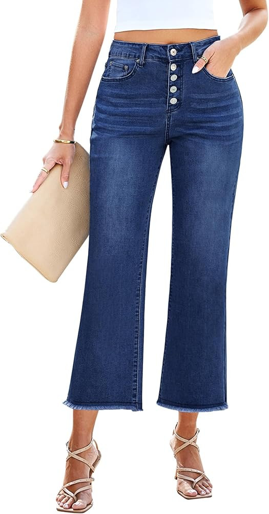 GRAPENT Capri Jeans for Women Trendy High Waisted Wide Leg Flare Button Fly Stretchy Denim Pants ... | Amazon (US)