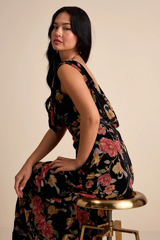 Prim Black Multi Floral Burnout Velvet Cowl Back Maxi Dress | Lulus