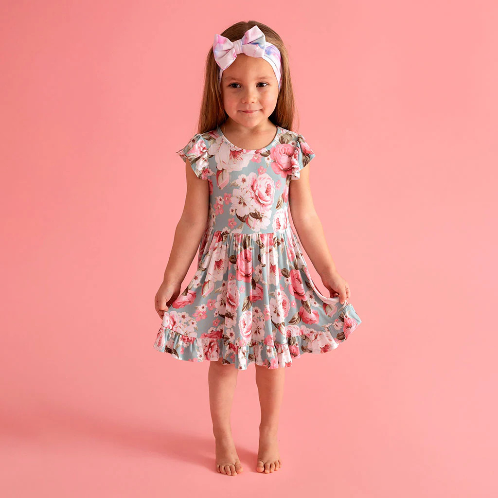 Floral Green Cap Sleeve Girl Twirl Dress | Briana | Posh Peanut