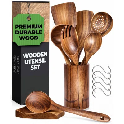 Wooden Utensil Set, Wooden Spoons For Cooking, Wooden Cooking Utensils Set With Holder, Spoon Rest & Hooks, Teak Wood Nonstick Kitchen Cookware – 8 Pi | Wayfair North America