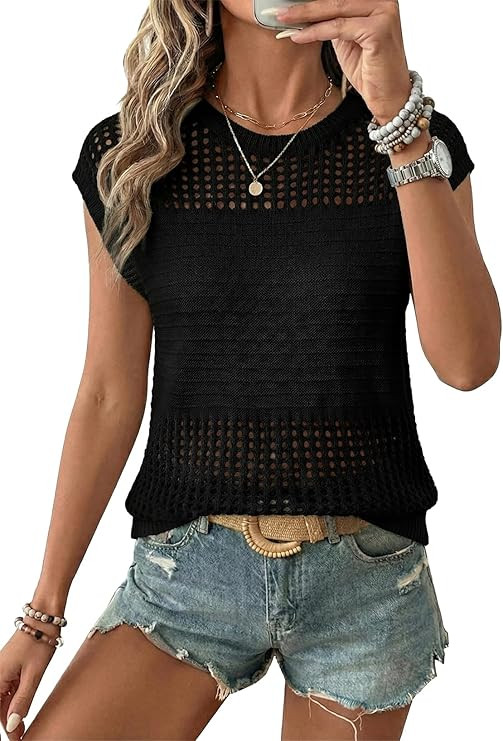 EVALESS Womens Tops Casual Summer Cap Short Sleeve Crochet Hollow Out Knit Sweater Vest Pullover ... | Amazon (US)