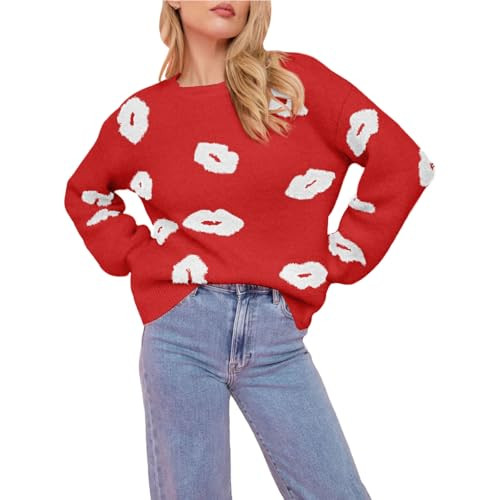 Valentines Heart Sweater for Women Lip Valentines Gifts for Her Cute Lips Long Sleeve Crewneck Ca... | Amazon (US)