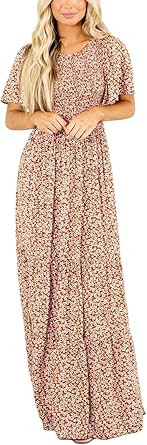 Kranda Women's Round Neck Short Flutter Sleeve Smocked Ruffle Floral Maxi Dress | Amazon (US)