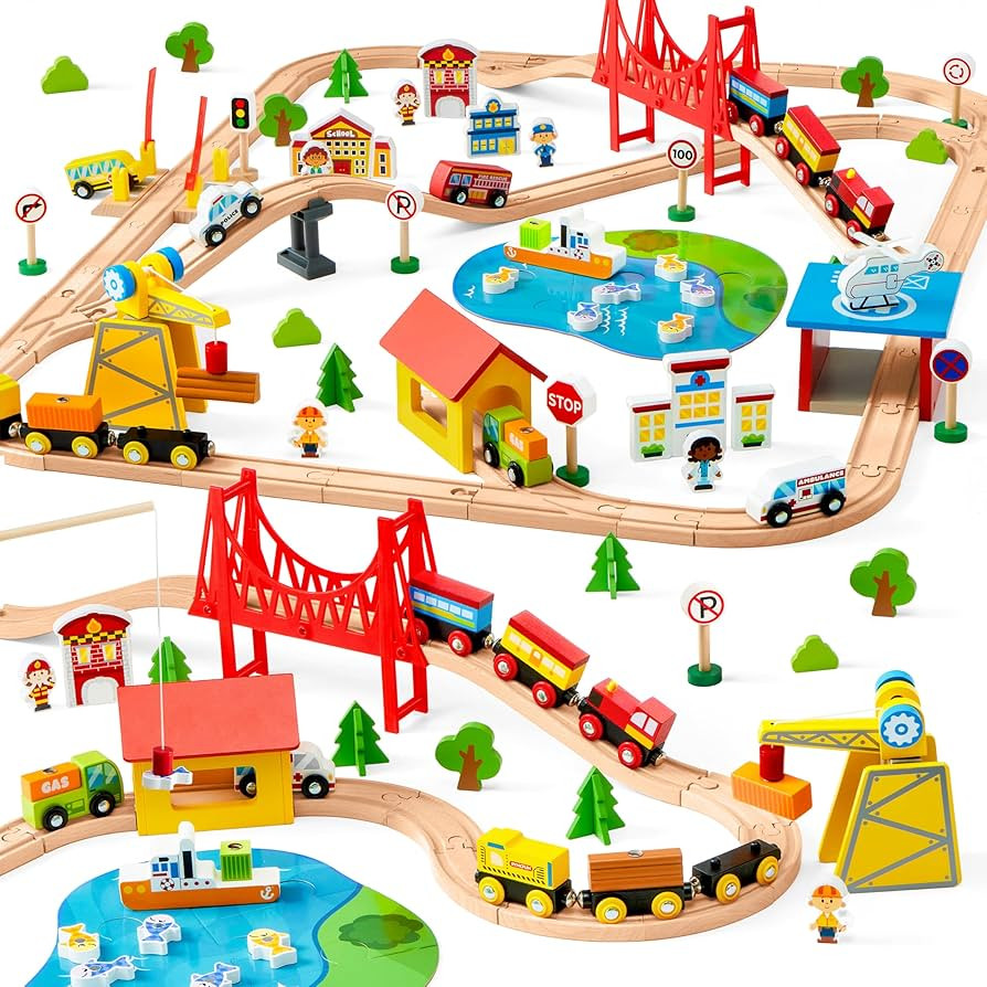 110PCS Wooden Train Set - Toy Magnetic Trains with Wooden Track Set for Kids Ages 3-8, City Scene... | Amazon (US)