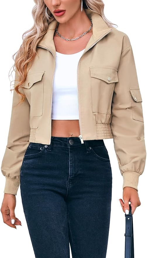 Fisoew Women's Cropped Bomber Jackets Lightweight Zip Up Stand Collar Long Sleeve Short Jacket wi... | Amazon (US)