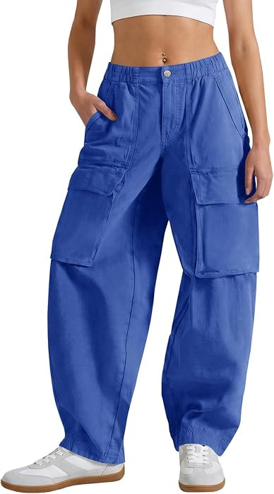 Fisoew Womens Barrel Baggy Cargo Pants Casual High Waisted Wide Leg Hiking Joggers with Pockets | Amazon (US)