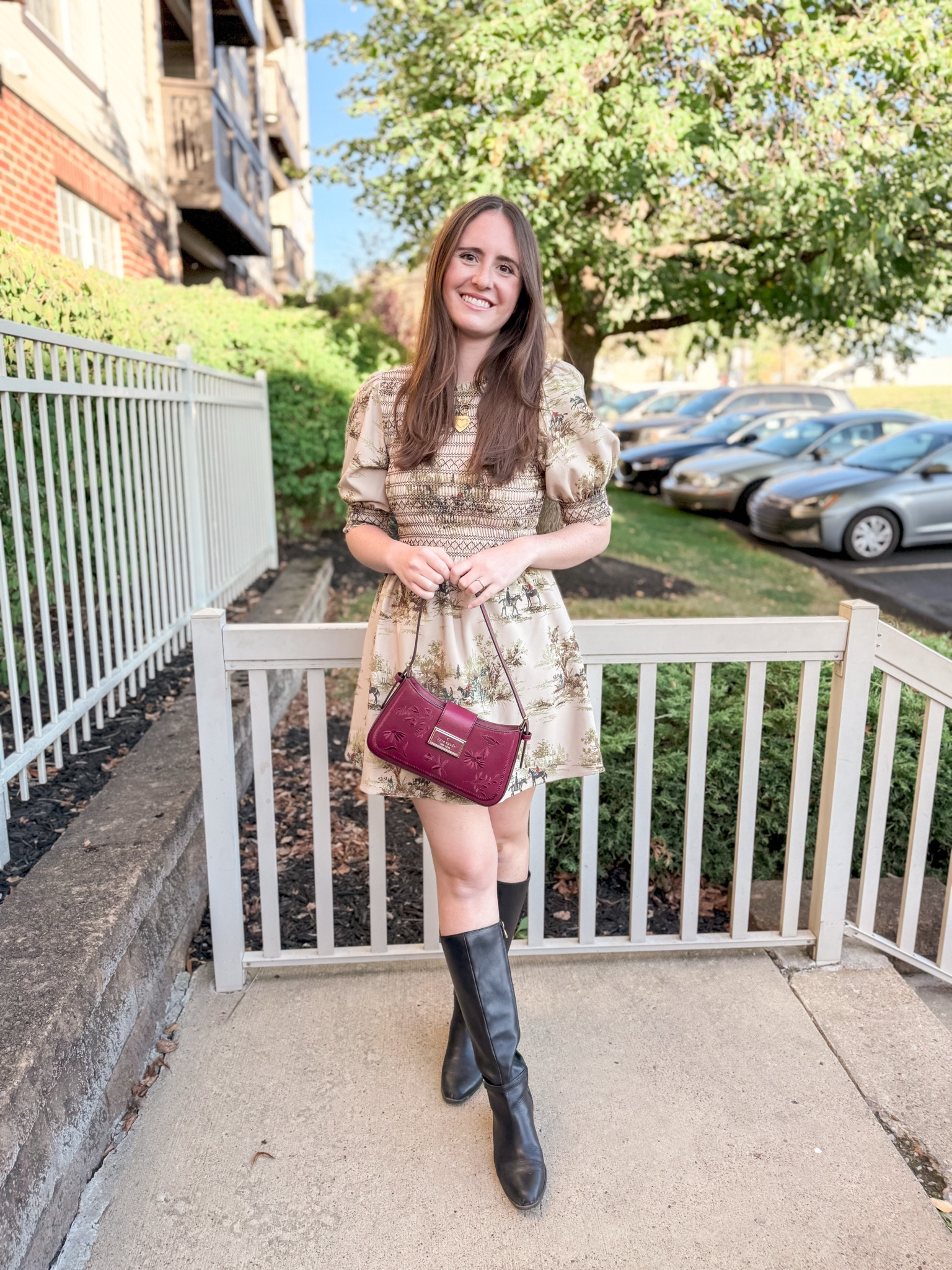 Hill House vivi smocked nap dress equestrian toile, thanksgiving, fall outfit, fall fashion, grand millennial, under $200, feminine, classic, Kate spade Reegan Botanical Embroidered Medium Shoulder Bag, naturalizer black tall boots 

#LTKItBag #LTKSeasonal #LTKHoliday