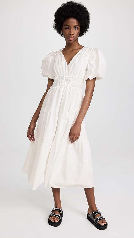 MOON RIVER Women's V Neck Short Bubble Sleeve Midi Dress | Amazon (US)