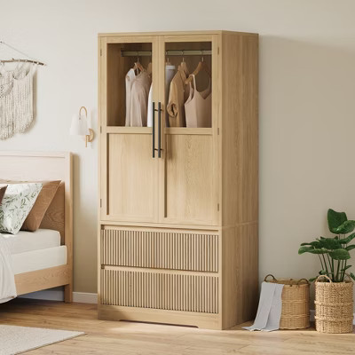 Bedroom Wooden Armoire Wardrobe Closet, Wardrobe Armoire Cabinet with 2 Wood Doors and Drawers, Freestanding Armoire with Shelves & Hanging Rod | Target