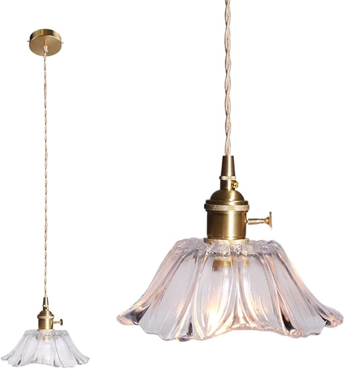 Shenmoyl Pendant Light Retro Clear Flowers Lampshade Pattern Glass, Brass Finish Ceiling Drop Lig... | Amazon (US)