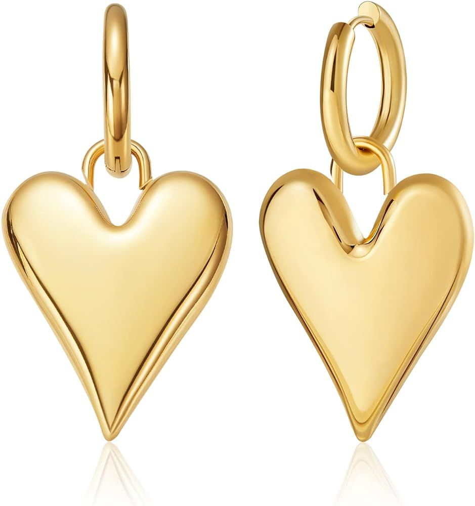 PALBOA Gold Heart Dangle Drop Earrings Thick Gold Plated Earring Hypoallergenic Chunky Earring for W | Amazon (US)