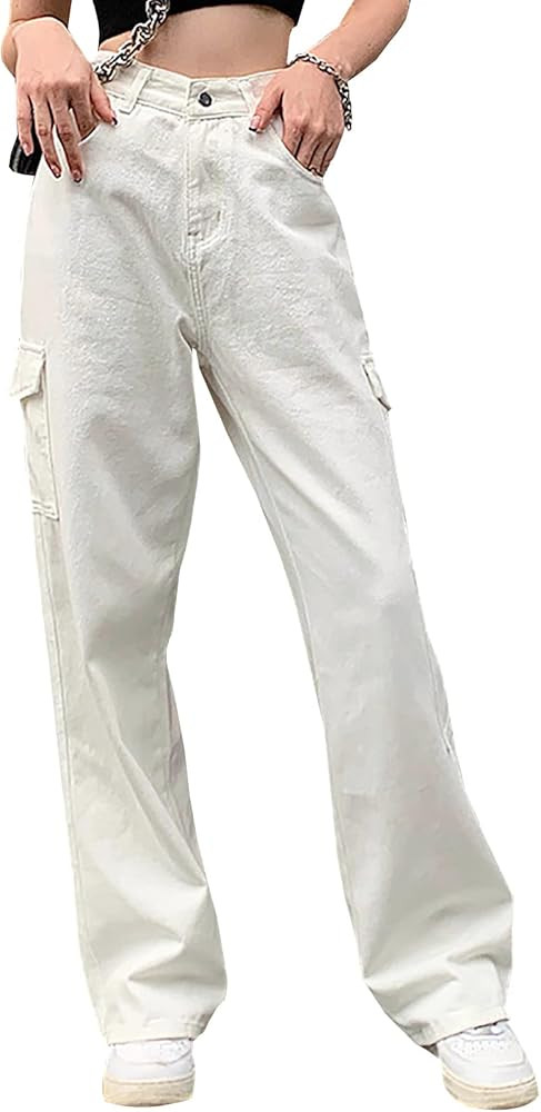 LONGYIDA Baggy Jeans for Women Stretchy High Waisted Straight Wide Leg Cargo Jeans Y2K Boyfriend ... | Amazon (US)