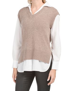 Long Sleeve Wool And Cashmere Twofer Sweater | TJ Maxx