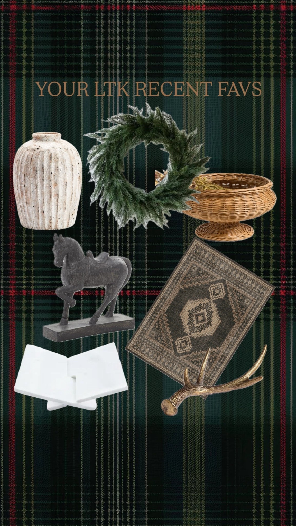 Your LTK recent favs… terracotta vase, marble book holder, brass antler, wreath, woven pedestal bowl, horse and vintage inspired washable rug. 

#LTKSaleAlert #LTKHome #LTKFindsUnder100
