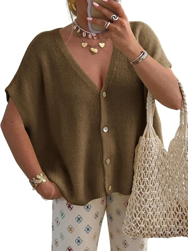 Saodimallsu Womens Fall Short Sleeve Cardigans Sweater Oversized Tops | Amazon (US)